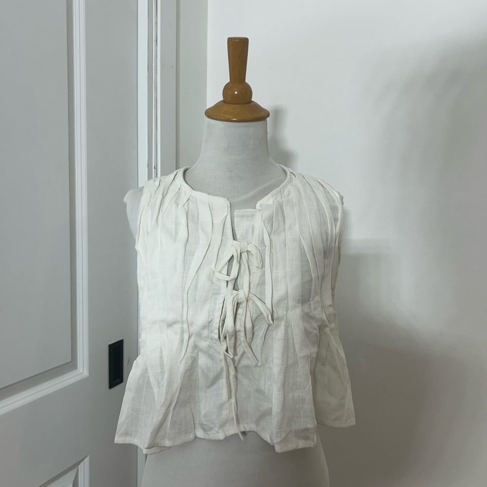 White Pleated Tie-Front Linen Top